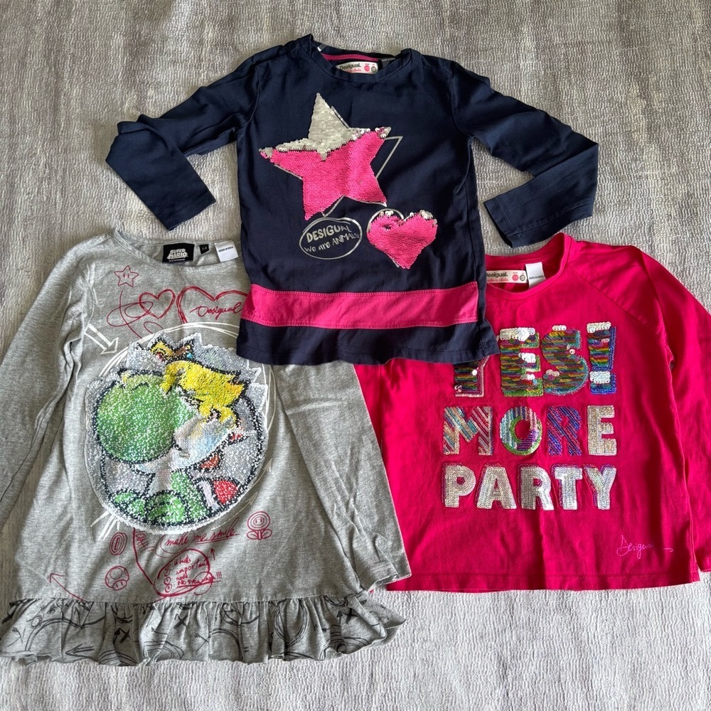 Desigual 3 PCs Pink, Grey, Navy Sequin Embellished Long Sleeve Shirts, Size 7/8